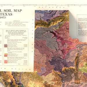 May include: A vintage map of Texas from 1973 showing the different soil types found in the state. The map is divided into different colored regions, each representing a different soil type. The map is titled "Soil Map of Texas 1973".