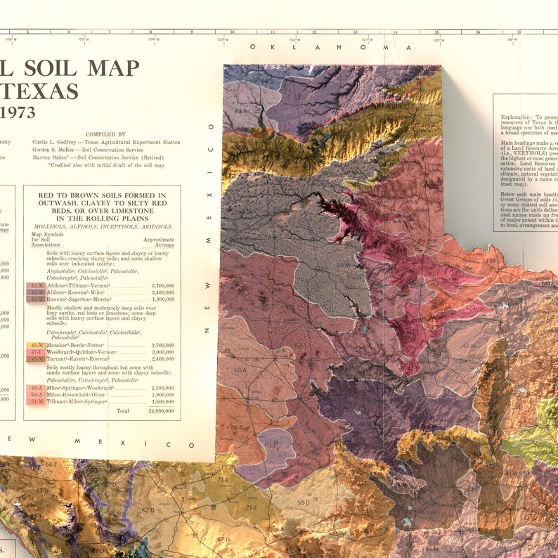 May include: A vintage map of Texas from 1973 showing the different soil types found in the state. The map is divided into different colored regions, each representing a different soil type. The map is titled "Soil Map of Texas 1973".
