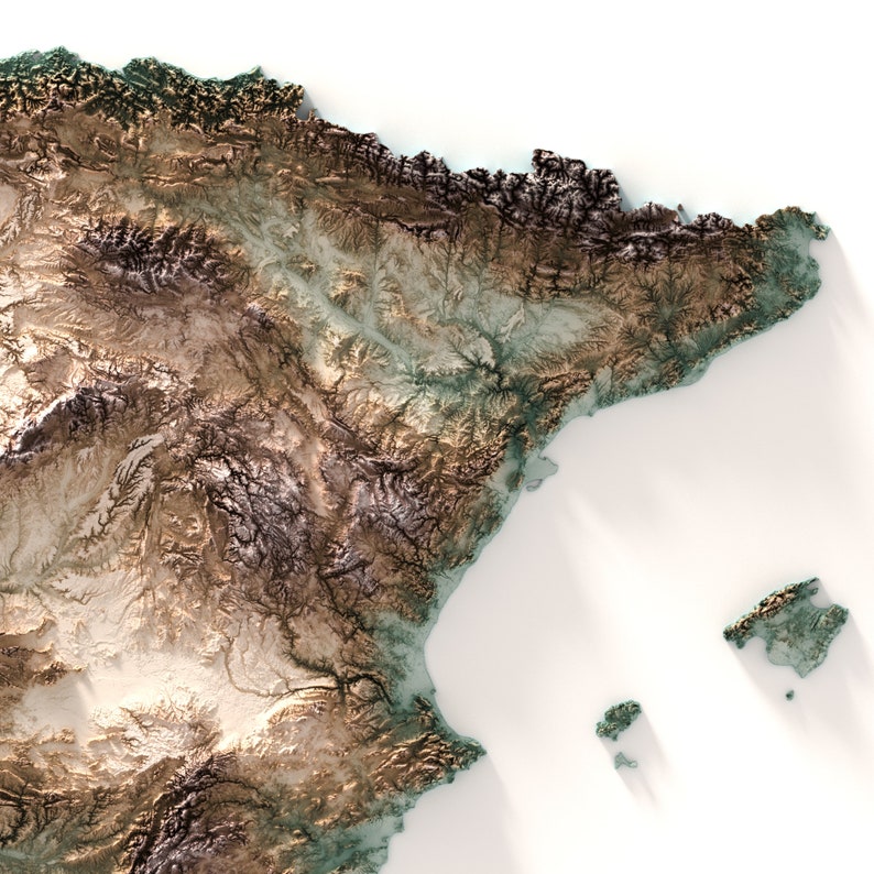 Pode incluir: Um mapa de relevo 3D da Espanha, mostrando a topografia do pa&iacute;s com montanhas, vales e litoral. O mapa &eacute; renderizado em tons de marrom, verde e branco, com um efeito de sombra sutil.