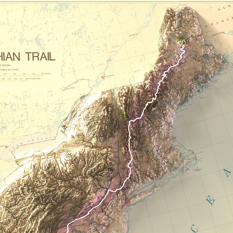 perfect gift for map collectors, neon lightening on map, raised relief trail maps, topographic maps, appalachian trail map unique gift for him, Killington Peak, Vermont