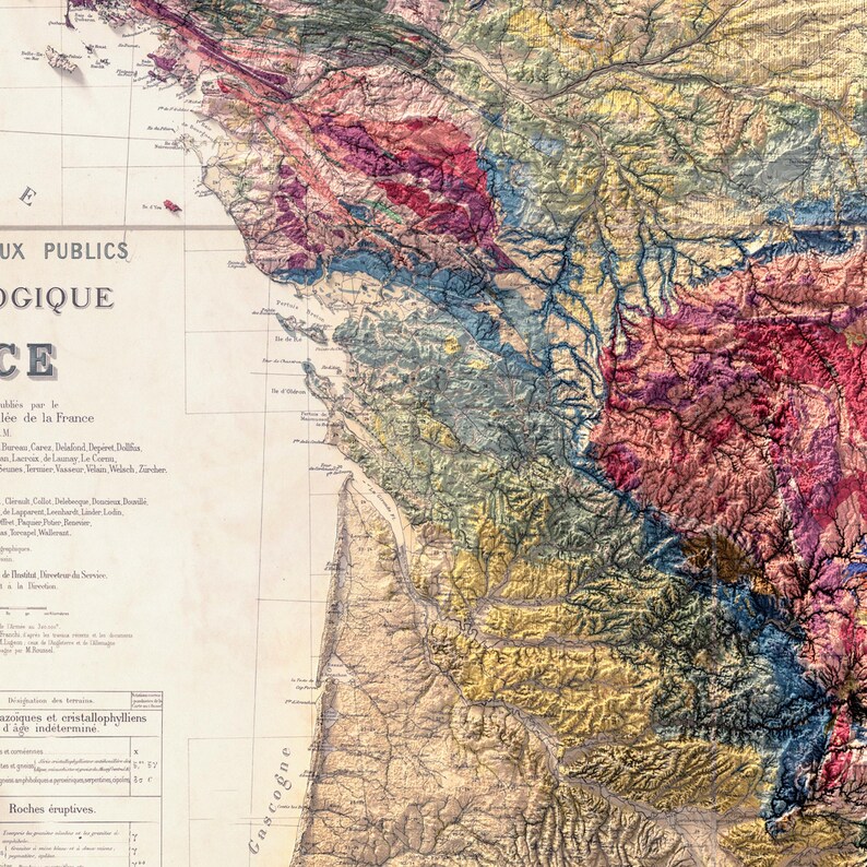 Geological Map of France: Topographic Elevation Art Print image 9