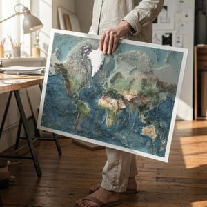 World Map: Natural Topography Wall Art Print with Realistic Relief and Ocean Detail image 4