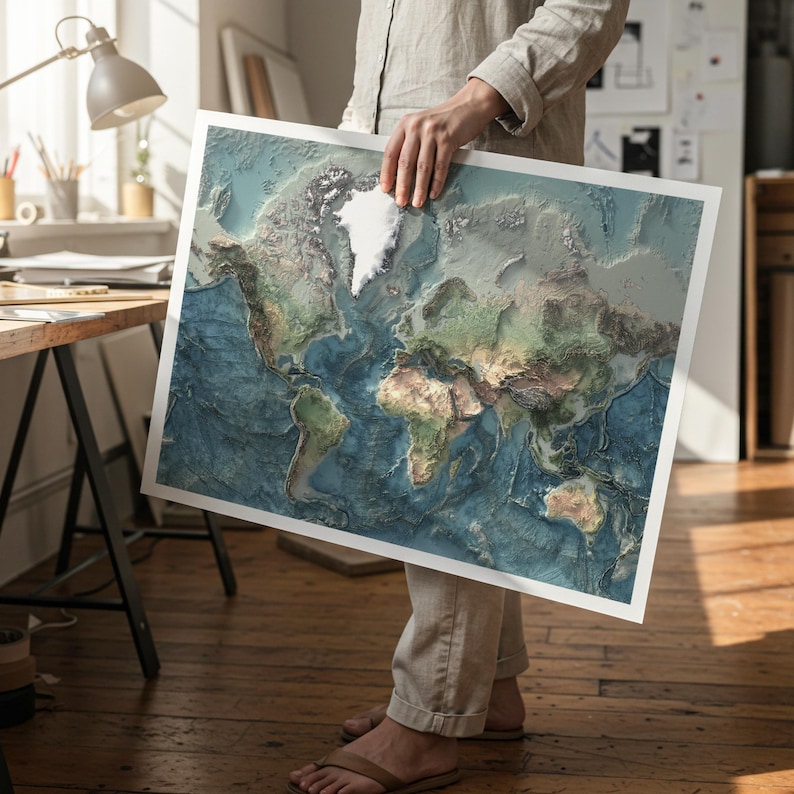 World Map: Natural Topography Wall Art Print with Realistic Relief and Ocean Detail image 4