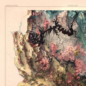 May include: A vintage map of the Grand Canyon, Arizona, with detailed topography and color-coded elevation levels. The map is labeled "DEPARTMENT OF THE INTERIOR" and "UNITED STATES GEOLOGICAL SURVEY" in the top left corner and "THE UNIVERSITY OF ARIZONA" and "ARIZONA BUREAU OF MINES" in the top right corner.