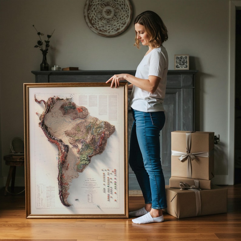 Geologische Karte Südamerikas (1950): Historischer Reliefdruck, Wanddekoration im Antikstil, topografische Kunst Bild 2