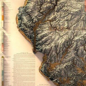 May include: A vintage map of the geological history of Illinois, with a detailed outline of the state's topography and geological formations. The map features a color-coded key and text describing the different geological periods and formations.