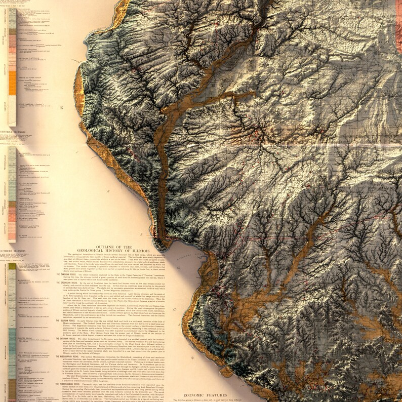 May include: A vintage map of the geological history of Illinois, with a detailed outline of the state's topography and geological formations. The map features a color-coded key and text describing the different geological periods and formations.