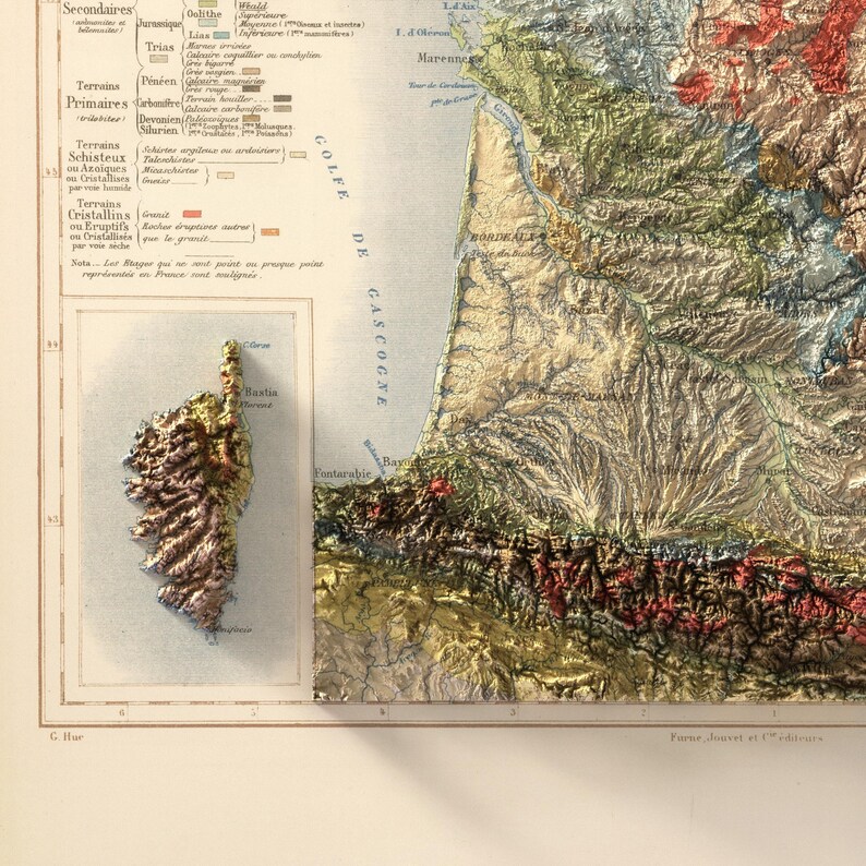 May include: A detailed, antique map with relief shading, depicting a coastal region with text in French. The map features a 3D representation of Corsica. Colors include beige, brown, green, and red, with text indicating geological features and place names.