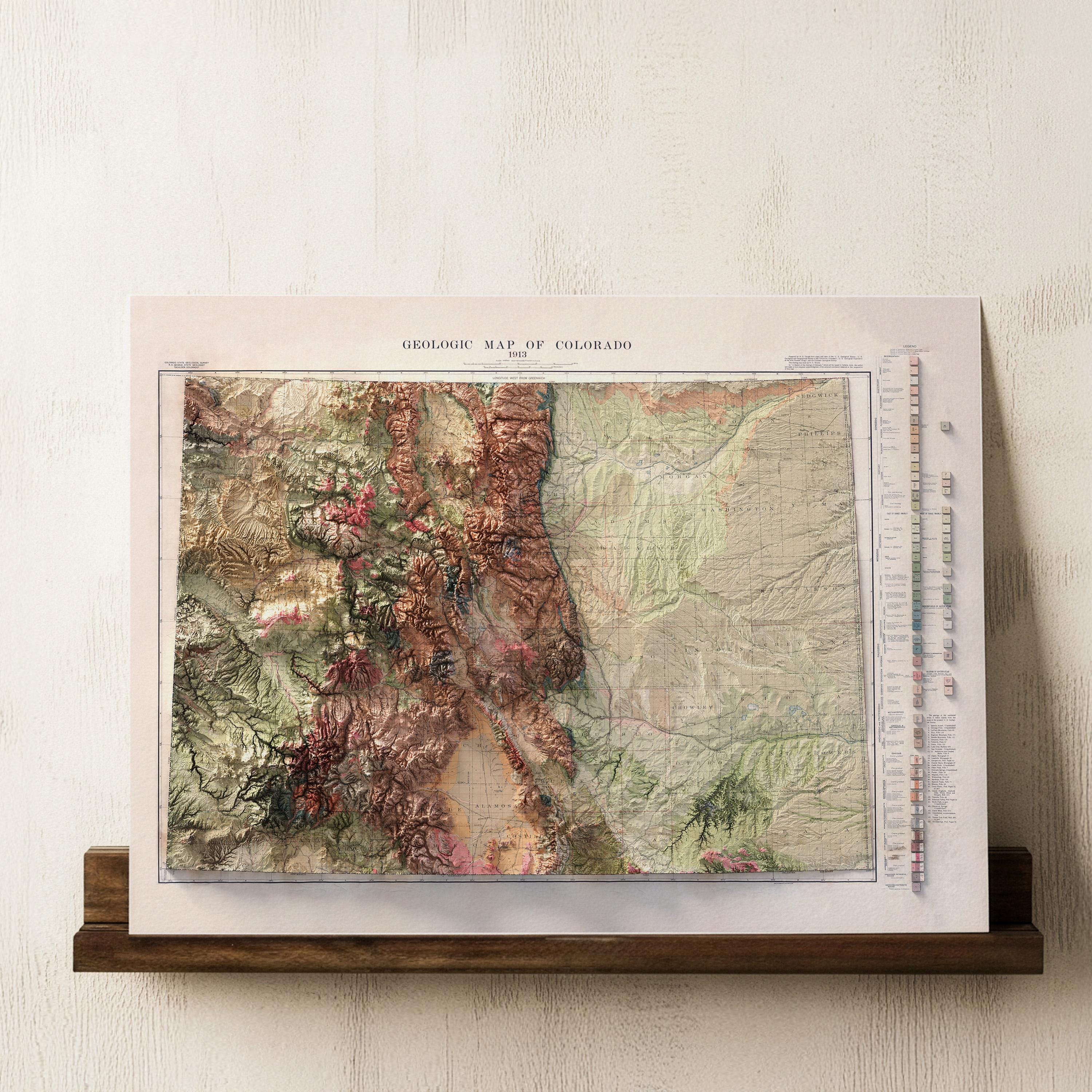 Shaded Relief Colorado Geologic Map: Vintage Art Print With Realistic ...