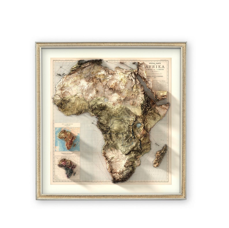 May include: A vintage-style framed map of Africa with a 3D embossed effect. The map is in shades of brown, green, and blue, with a title that reads "AFRIKA" in a decorative font.