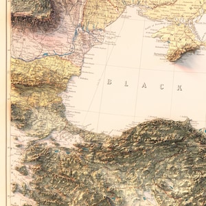 May include: A vintage map of the Black Sea region, showing the coastline of Turkey, Russia, and the Crimean Peninsula. The map is detailed and includes various geographical features, such as rivers, mountains, and cities. The map is printed on a cream-colored paper with brown and blue lines.