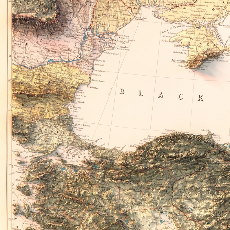 May include: A vintage map of the Black Sea region, showing the coastline of Turkey, Russia, and the Crimean Peninsula. The map is detailed and includes various geographical features, such as rivers, mountains, and cities. The map is printed on a cream-colored paper with brown and blue lines.