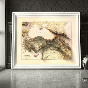 May include: A vintage map of Asia Minor, showing the Black Sea and surrounding terrain. The map is printed in brown, green, and yellow tones and features detailed topography.