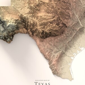 May include: An elevation map of Texas, showing the state's topography in shades of brown, beige, and white. The map is printed on a white background with the text "ELEVATION MAP OF TEXAS" at the bottom.