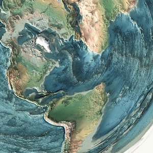 May include: A detailed, three-dimensional rendering of a portion of Earth's surface, showcasing landmasses and ocean depths. The image features a color palette of blues, greens, and browns, with varying textures to represent geographical features.