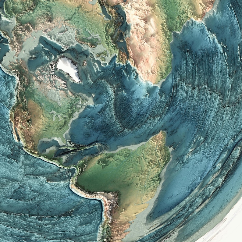 May include: A detailed, three-dimensional rendering of a portion of Earth's surface, showcasing landmasses and ocean depths. The image features a color palette of blues, greens, and browns, with varying textures to represent geographical features.