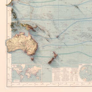 May include: A vintage-style physical map of the Pacific Ocean region featuring raised relief shading for Australia, New Zealand, and surrounding islands. The map includes blue ocean current lines, a world map inset, and a text box labeled EXPLANATION.