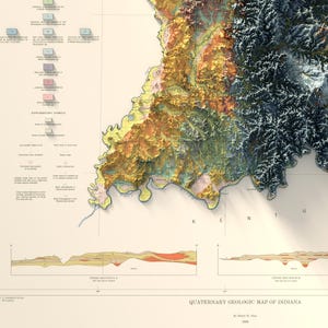 May include: A detailed, vintage Quaternary Geologic Map of Indiana, showing the state's topography in a relief style. The map uses earth tones, with text and supplementary symbols. The title "Quaternary Geologic Map of Indiana" is visible.