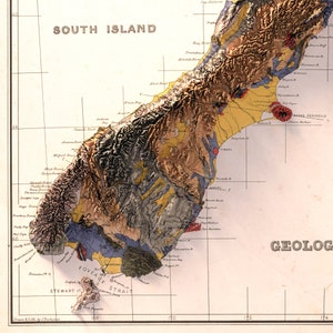 May include: A vintage geological map of South Island, New Zealand, with a detailed illustration of the island's terrain and geological formations. The map is colored in shades of brown, yellow, blue, and red, and includes labels for various geographical features, such as mountains, rivers, and bays.