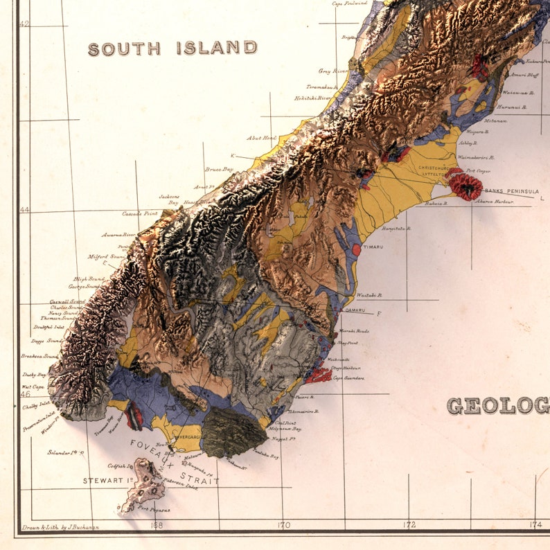 May include: A vintage geological map of South Island, New Zealand, with a detailed illustration of the island's terrain and geological formations. The map is colored in shades of brown, yellow, blue, and red, and includes labels for various geographical features, such as mountains, rivers, and bays.