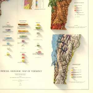 K&ouml;nnte beinhalten: Eine detaillierte geologische Karte von Vermont, die die Oberfl&auml;chengeologie des Bundesstaates zeigt. Die Karte ist farbcodiert, um verschiedene geologische Formationen anzuzeigen, darunter glaziale Ablagerungen, Gestein und Bodentypen. Die Karte enth&auml;lt auch eine Legende, die die verschiedenen Farben und Symbole erkl&auml;rt, die verwendet werden.