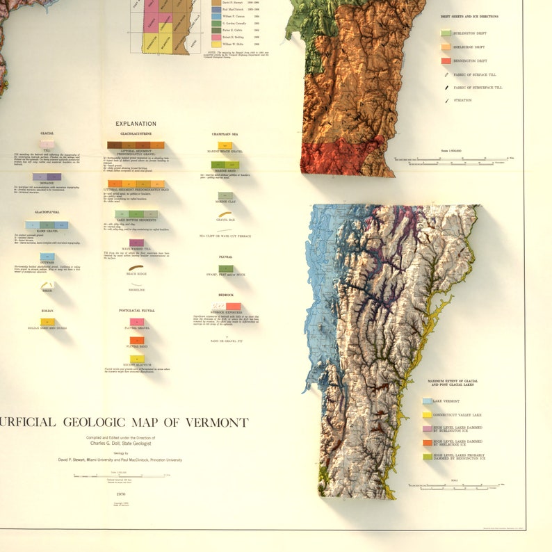 K&ouml;nnte beinhalten: Eine detaillierte geologische Karte von Vermont, die die Oberfl&auml;chengeologie des Bundesstaates zeigt. Die Karte ist farbcodiert, um verschiedene geologische Formationen anzuzeigen, darunter glaziale Ablagerungen, Gestein und Bodentypen. Die Karte enth&auml;lt auch eine Legende, die die verschiedenen Farben und Symbole erkl&auml;rt, die verwendet werden.