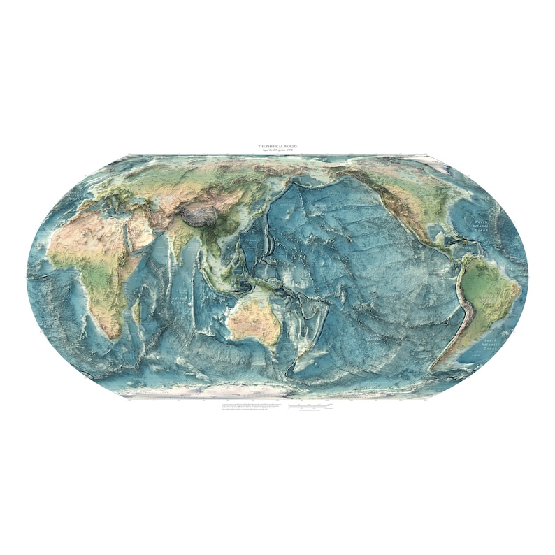 May include: An oval-shaped physical world map featuring detailed topographical relief of continents and ocean floors. The map displays landmasses in shades of green and brown, while deep ocean basins are rendered in varying blue tones.