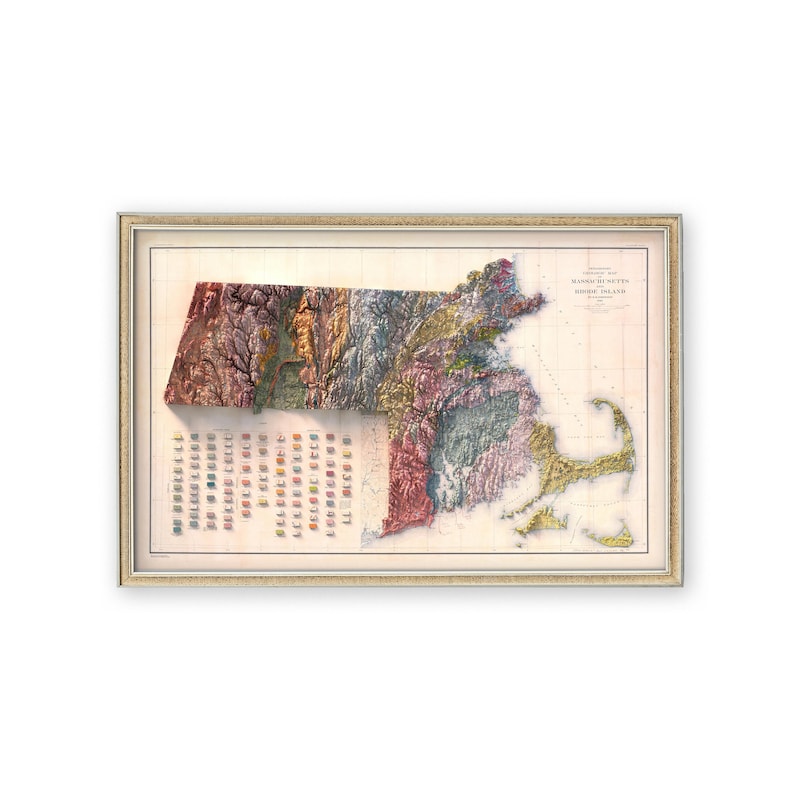 May include: A vintage map of Massachusetts and Rhode Island, showing the terrain in different colors. The map is framed in a light wood frame.