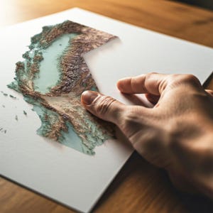 Op de afbeelding: Een gedetailleerde 3D topografische kaartprint, met een reli&euml;f van een landmassa met tinten bruin, groen en blauw. De kaart staat op wit papier, met een hand die de rand van het papier vasthoudt. De textuur en kleuren van de kaart cre&euml;ren een realistische weergave.