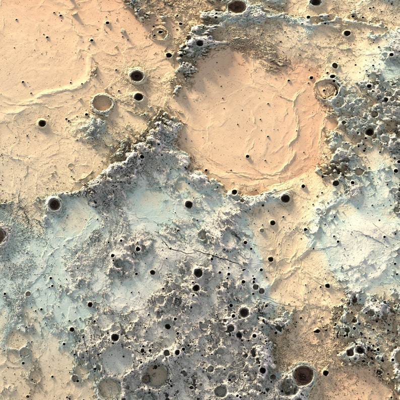 May include: A close-up of a textured surface with a variety of craters and holes. The surface is a mix of light brown, beige, and gray colors.
