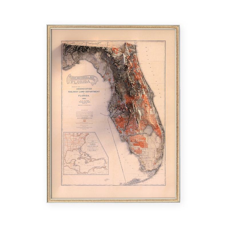 May include: A vintage map of Florida, showing the state's topography and land divisions. The map is titled "New Sectional Map of the Associated Railway Land Department Florida 1886." The map is printed on a cream-colored paper and framed in a light brown frame.