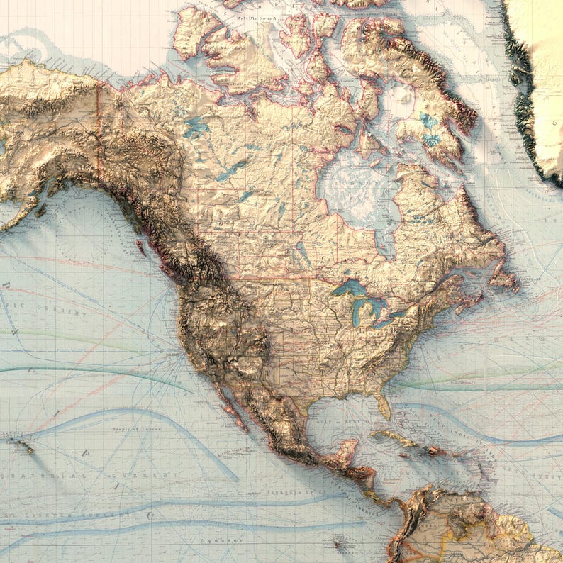 May include: A physical relief map of North America featuring raised topographical textures that highlight mountain ranges and coastal regions. The map displays landmasses in shades of beige and brown, with blue water bodies and faint grid lines.