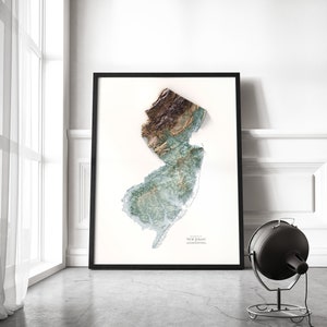 May include: A framed print of a topographic map of New Jersey. The map is in shades of green, brown, and white, and shows the state's terrain in detail. The print is framed in a black frame and is hanging on a white wall.