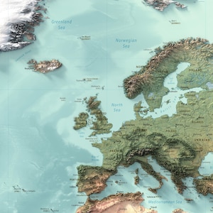 May include: A detailed physical map of Europe and the North Atlantic Ocean, featuring relief shading to show terrain elevation. The map displays countries, major cities, and bodies of water like the North Sea, Mediterranean Sea, and Greenland Sea.