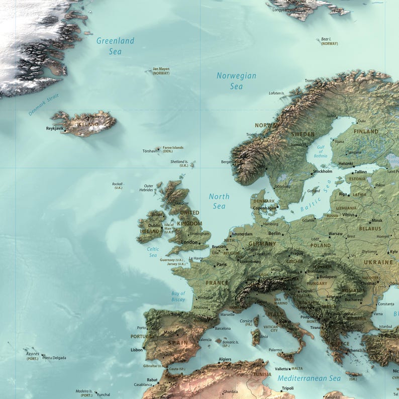May include: A detailed physical map of Europe and the North Atlantic Ocean, featuring relief shading to show terrain elevation. The map displays countries, major cities, and bodies of water like the North Sea, Mediterranean Sea, and Greenland Sea.