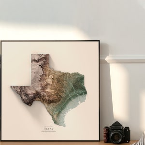 Może przedstawiać: Wydruk topograficznej mapy Teksasu w ramie. Mapa jest w odcieniach brązu, zieleni i beżu, na białym tle. Tekst "Texas" jest nadrukowany na dole pośrodku mapy.