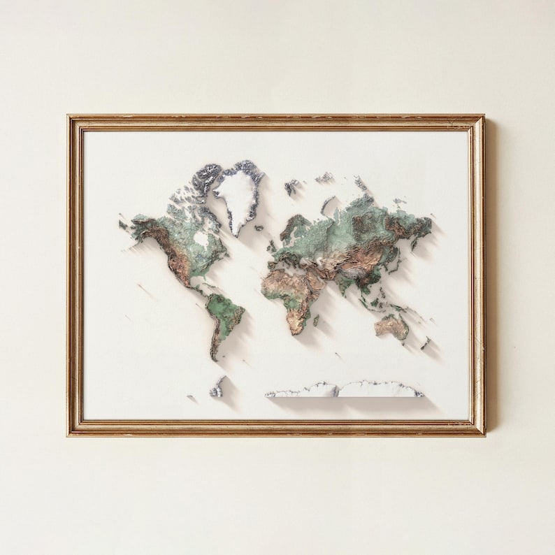 Mapa topográfico natural detallado del mundo, póster para pared, decoración de viajes imagen 1