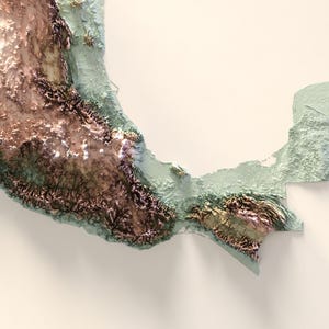 May include: A 3D rendered topographical map of a landmass, featuring shades of brown, green, and beige. The map has a detailed relief, with visible elevation changes and textures. The overall aesthetic is artistic and detailed.
