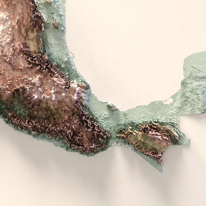 May include: A 3D rendered topographical map of a landmass, featuring shades of brown, green, and beige. The map has a detailed relief, with visible elevation changes and textures. The overall aesthetic is artistic and detailed.