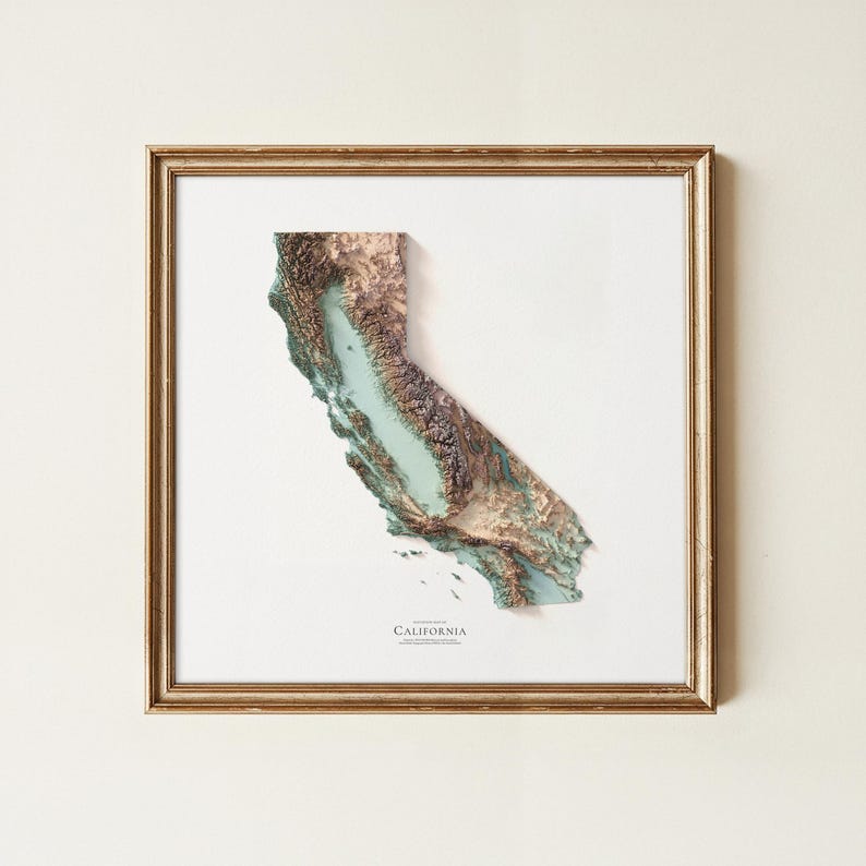 Op de afbeelding: Een ingelijste 3D-reli&euml;fkaart van Californi&euml;, met de topografie van de staat in tinten bruin, groen en blauw. De kaart staat tegen een witte achtergrond in een goudkleurige lijst. Het woord "CALIFORNIA" staat onderaan afgedrukt.