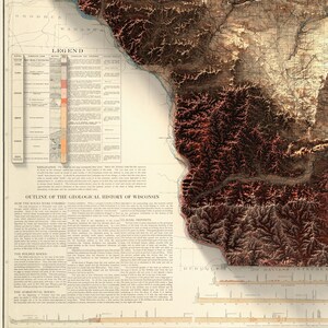 Puede incluir: Un mapa vintage de la historia geol&oacute;gica de Wisconsin, que muestra el terreno y las formaciones rocosas del estado. El mapa presenta una leyenda detallada y un esquema de la historia geol&oacute;gica de Wisconsin. El mapa est&aacute; impreso en papel color crema con tinta marr&oacute;n y roja.
