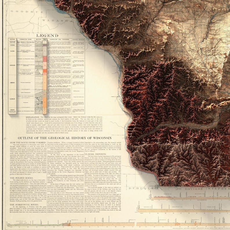 Puede incluir: Un mapa vintage de la historia geol&oacute;gica de Wisconsin, que muestra el terreno y las formaciones rocosas del estado. El mapa presenta una leyenda detallada y un esquema de la historia geol&oacute;gica de Wisconsin. El mapa est&aacute; impreso en papel color crema con tinta marr&oacute;n y roja.