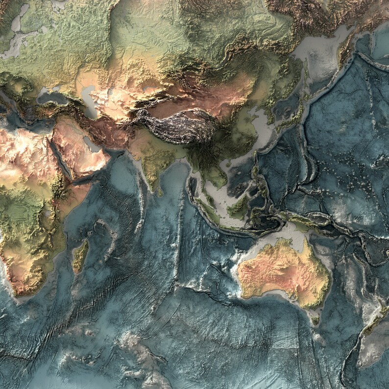 May include: A detailed topographic map of Asia and Australia, showing the landmasses in shades of green, brown, and yellow, and the ocean in shades of blue. The map highlights the tectonic plate boundaries, which are shown as lines.