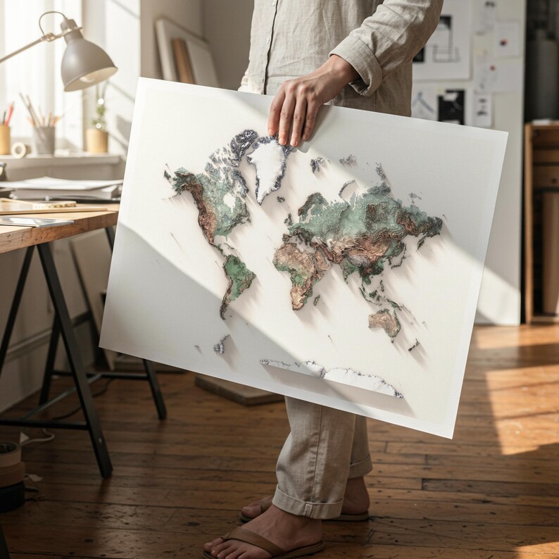 Mapa topográfico natural detallado del mundo, póster para pared, decoración de viajes imagen 4