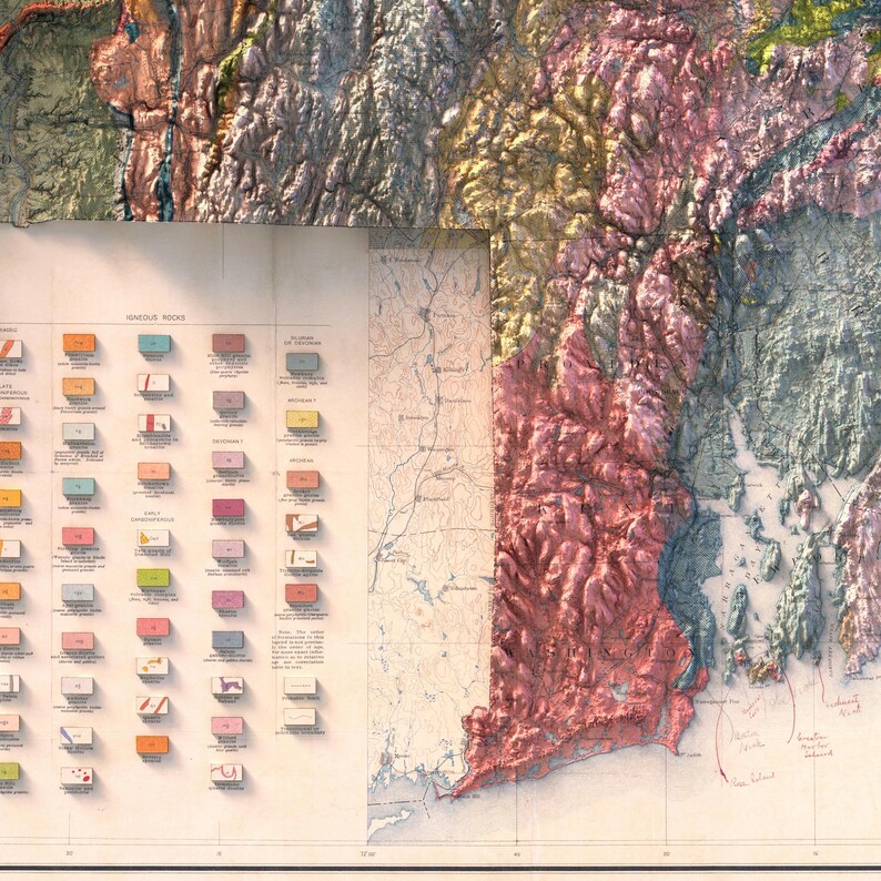 May include: A vintage geological map of New England, showing the different types of rocks and formations in the region. The map is color-coded, with each color representing a different type of rock. The map also includes a legend that explains the different colors and their corresponding rock types.