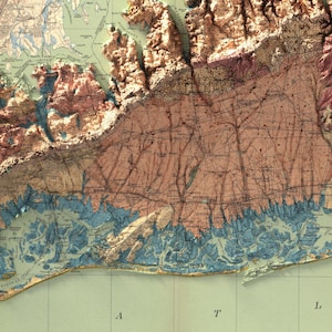 May include: A vintage, detailed topographic map of New York City, showing the terrain and waterways of the five boroughs. The map is printed on a cream-colored paper with brown, blue, and green lines and shading.