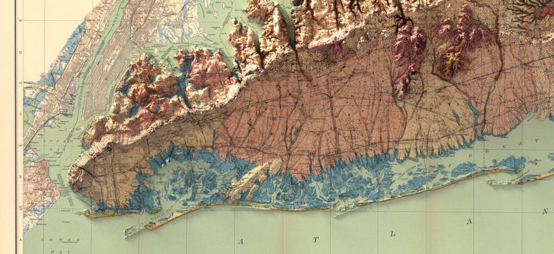 May include: A vintage, detailed topographic map of New York City, showing the terrain and waterways of the five boroughs. The map is printed on a cream-colored paper with brown, blue, and green lines and shading.