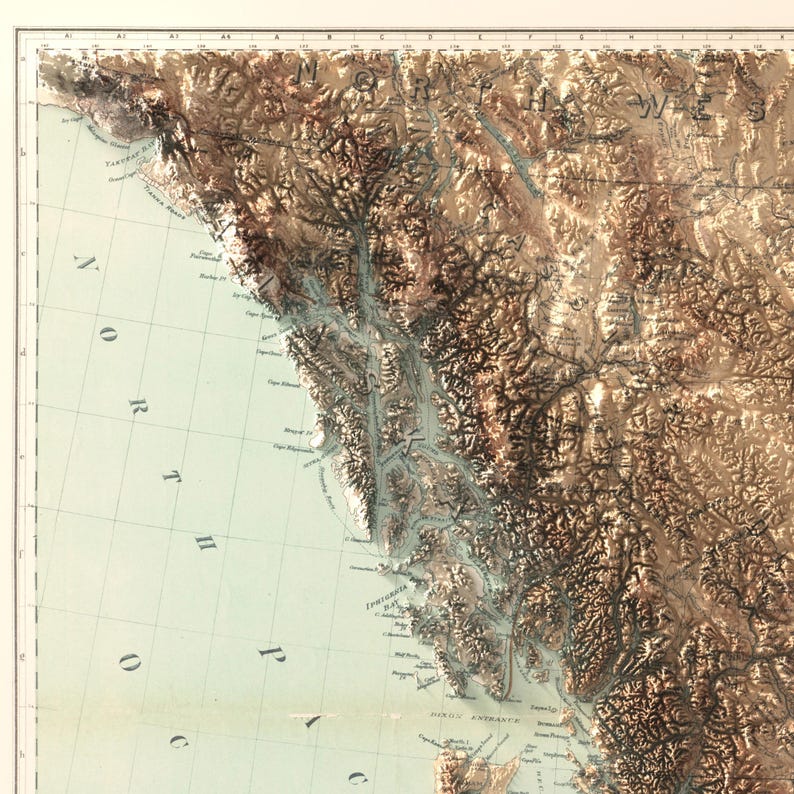 Brisitih Columbia coastline, north pacific ocean map, canada map, framed wall art print