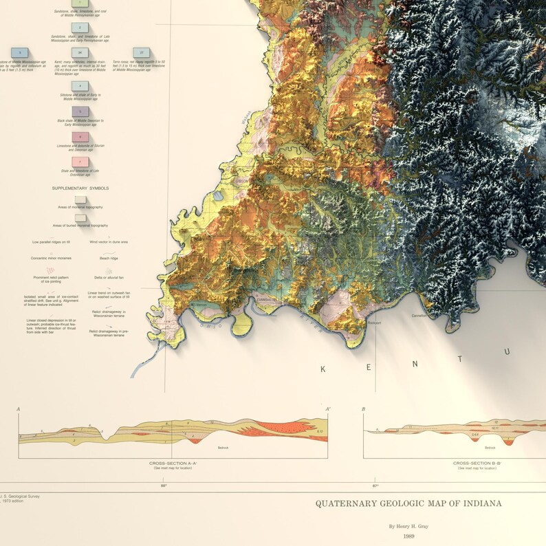 Op de afbeelding: Een gedetailleerde geologische kaart van Indiana, die de Kwartaire geologische formaties in verschillende kleuren laat zien. De kaart bevat een dwarsdoorsnede van de geologische lagen. De titel luidt "QUATERNARY GEOLOGIC MAP OF INDIANA" door "Henry H. Gray, 1900".