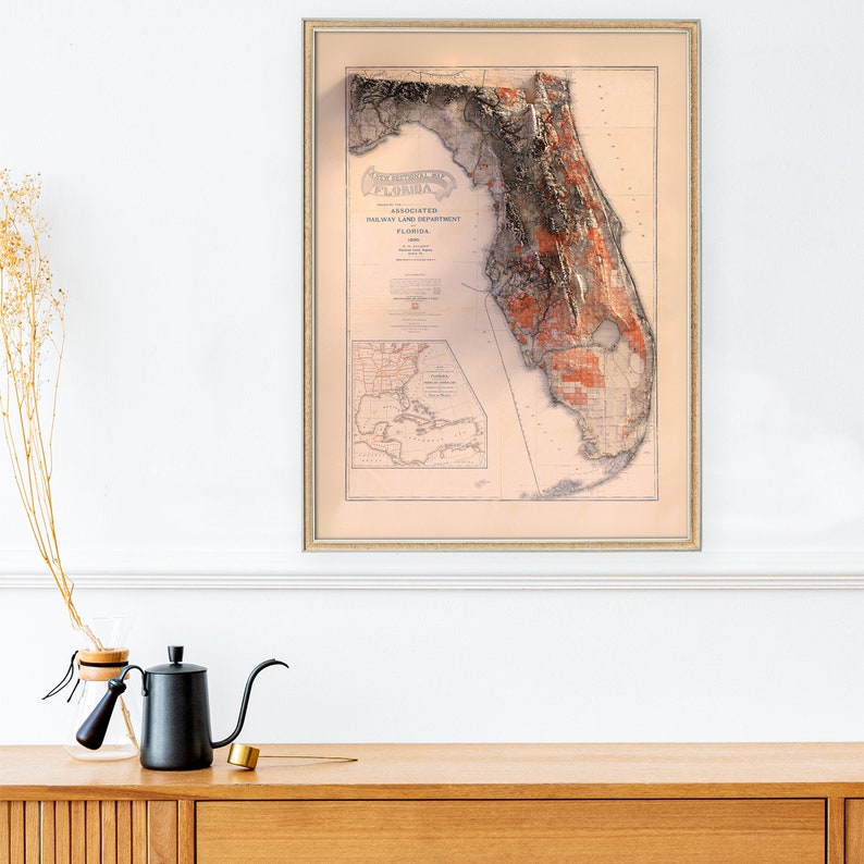 May include: An antique map of the state of Florida, showing the state's topography and railroads. The map is titled "The Peninsula of Florida, Associated Railway Land Department, Florida, 1889".
